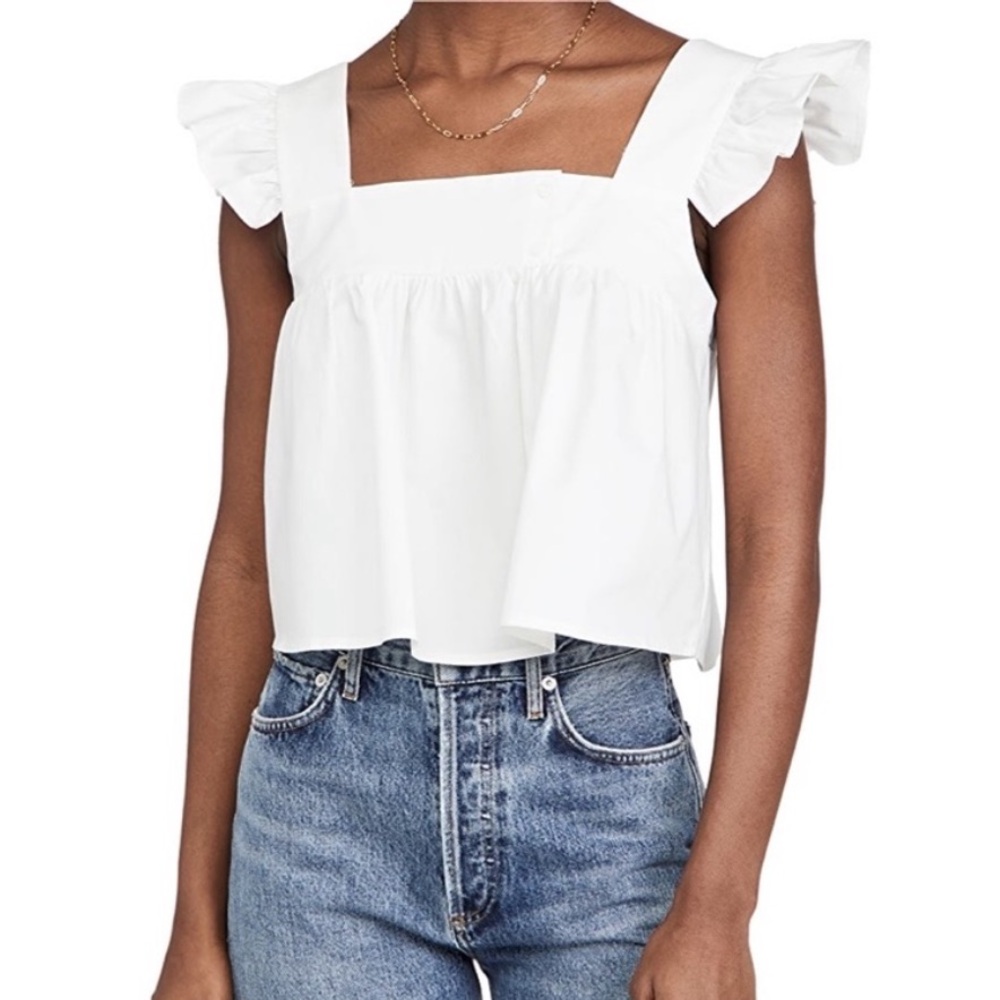 WAYF Dottie Flutter Sleeve Top Sz S White Flounce Hem Square Neck Crop Blouse